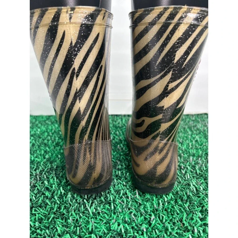 Shake It Up Girls Size 3‎ Zebra Heart Glitter Rain Boots Gold Black Waterproof